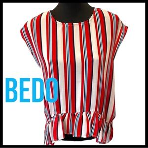 Vintage BEDO Red/Blue/White Stripe Ruffle Cap Sleeve Blouse Top (S)
